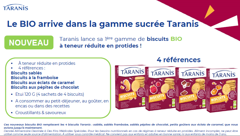 4 nouvelles références de biscuits BIO à teneur réduite en protides Taranis